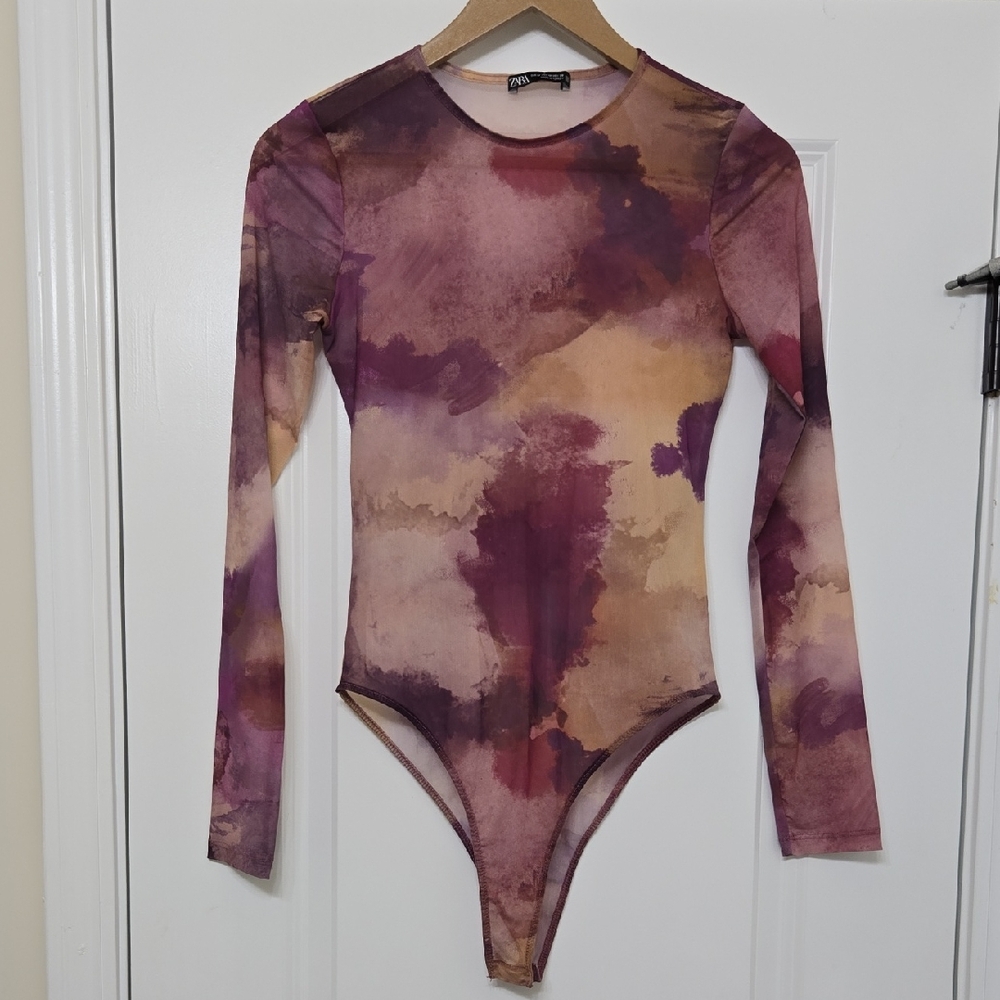 Zara Purple and Tan Mesh Bodysuit